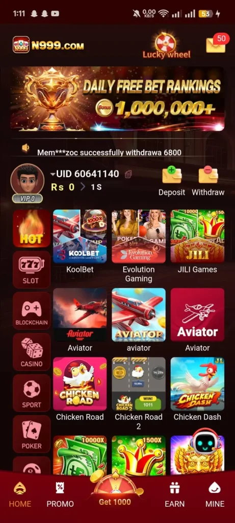 N999 Game dashboard showing user wallet balance, live games, daily bonuses, and withdrawal options on a modern casino-style interface.