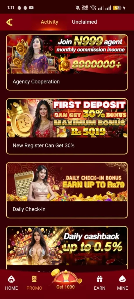 N999 Game bonuses and daily spin rewards screen showing free spins, cashback offers, and bonus coins for active players.