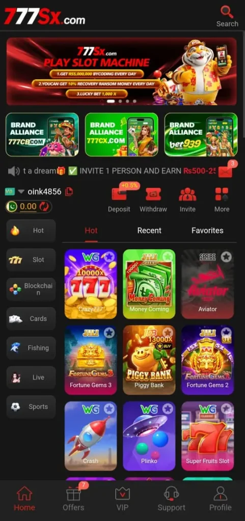 777SX Game dashboard showing user balance, active casino games, and a smooth interface for Android and iOS players on apk786.net.