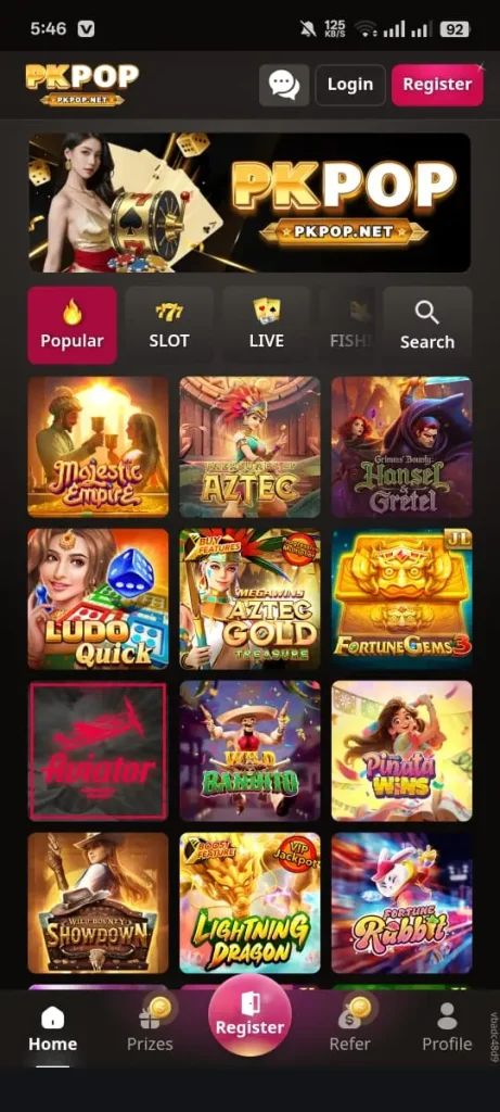 PKPOP App Home Screen Screenshot image shows a Simple Layout and Game Categories.