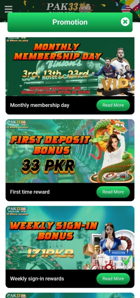 PAK33 Game. This screenshot image shows daily promotions and deposit bonuses.