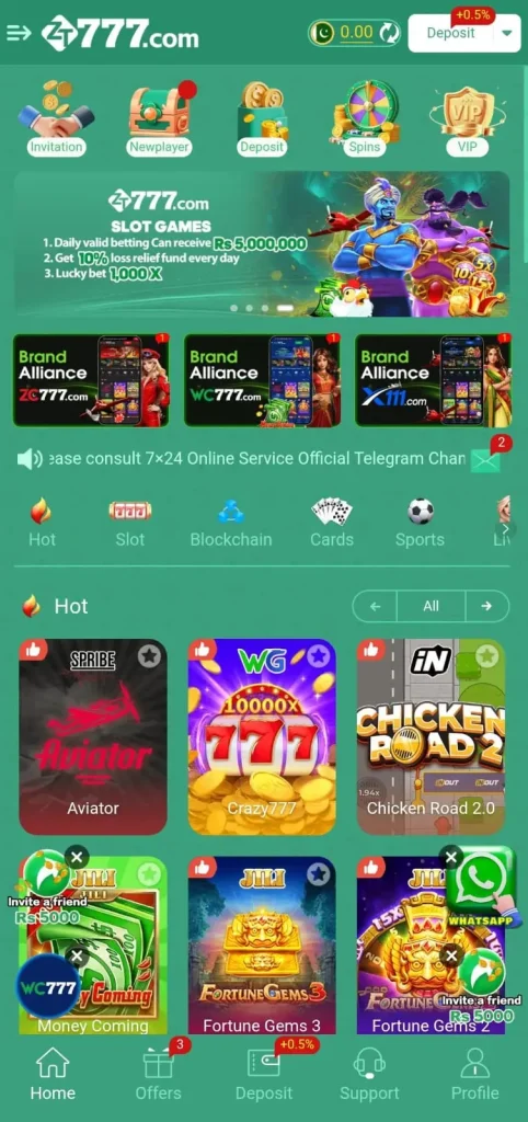 ZT777 Game dashboard interface on mobile screen.