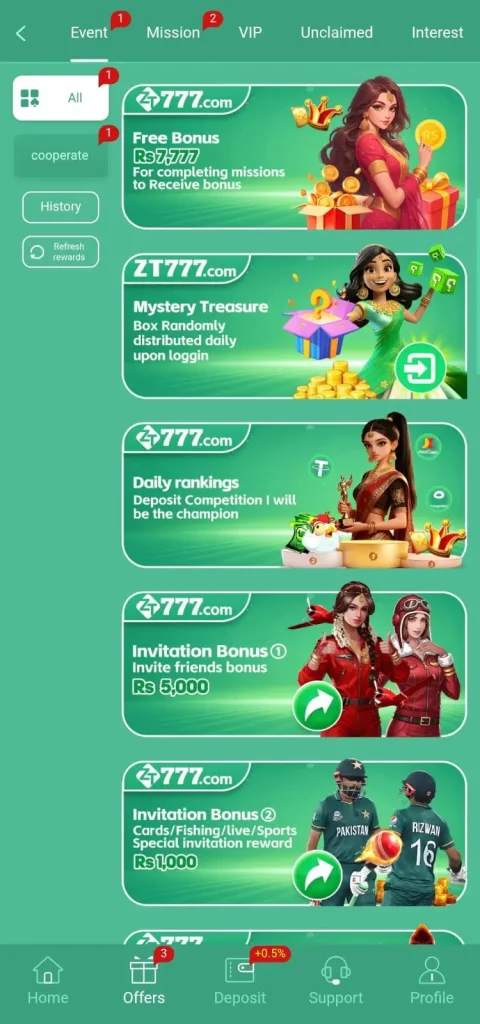 ZT777 Game daily rewards and bonuses screen.