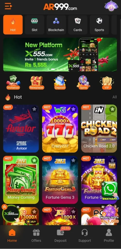 AR999 Game mobile interface showing Slots games and many more.