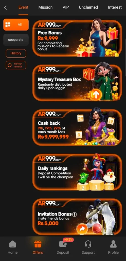 Player enjoying daily rewards and bonuses in AR999 Game