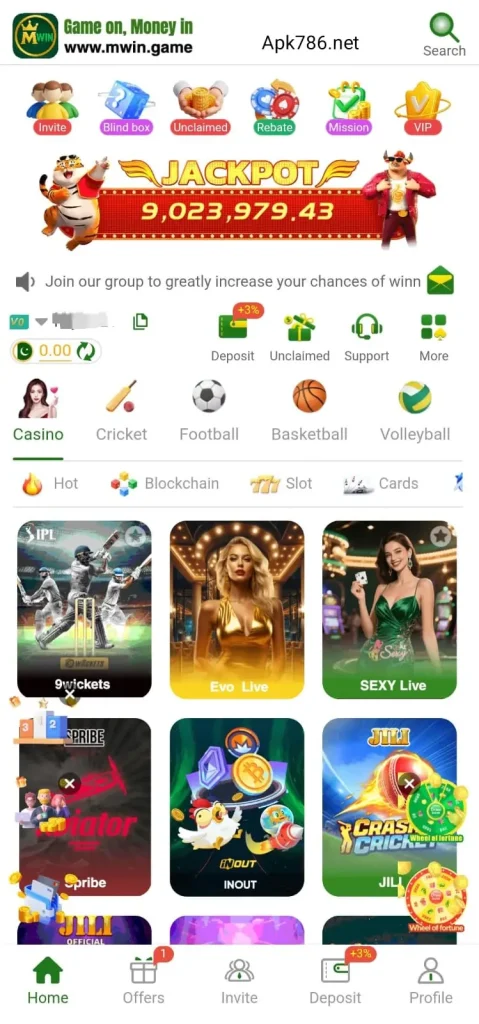 Mwin Game app interface on mobile