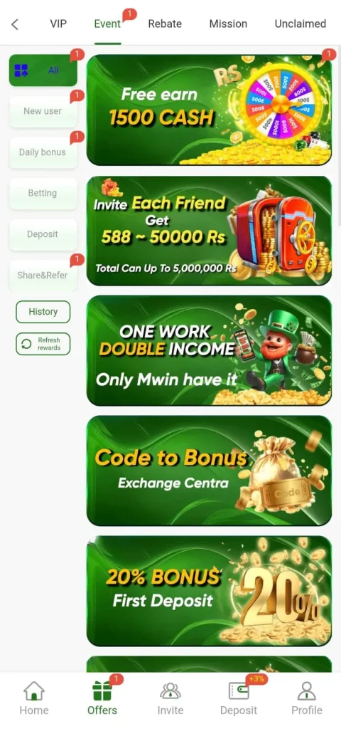 Mwin Game welcome bonus for new users.