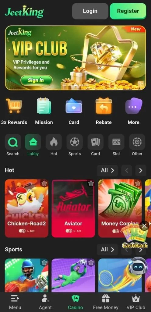 JeetKing Game app home screen on Android mobile