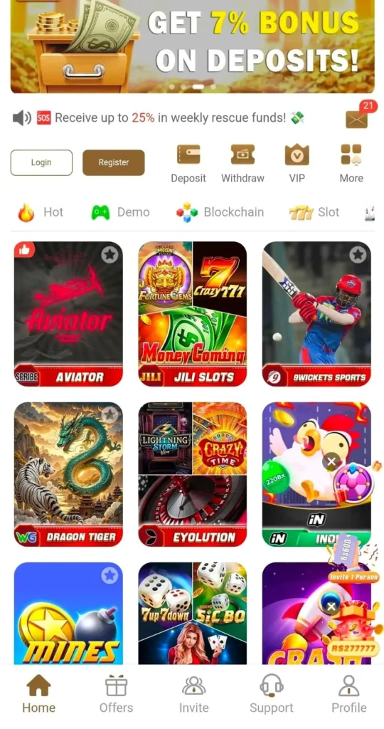 DK222 Game mobile app interface showing slots and card games