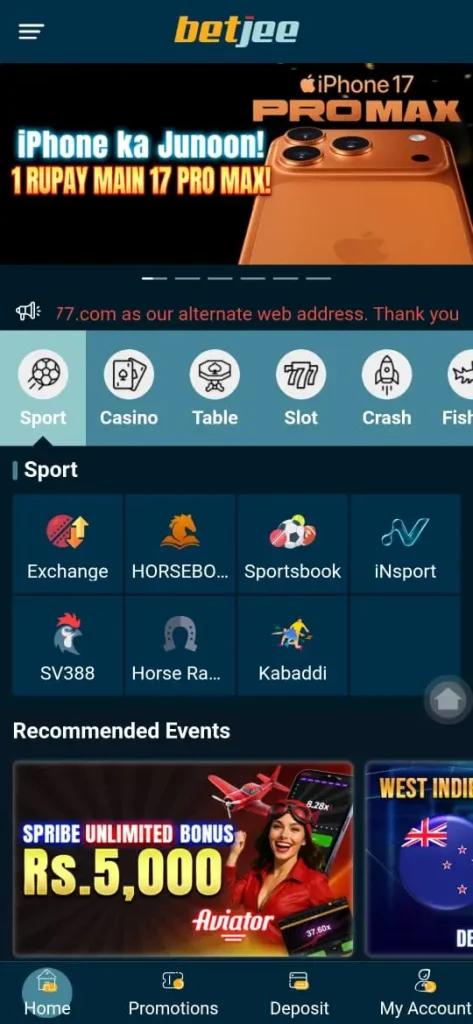 Betjee Game APK homepage screenshot showing user-friendly interface