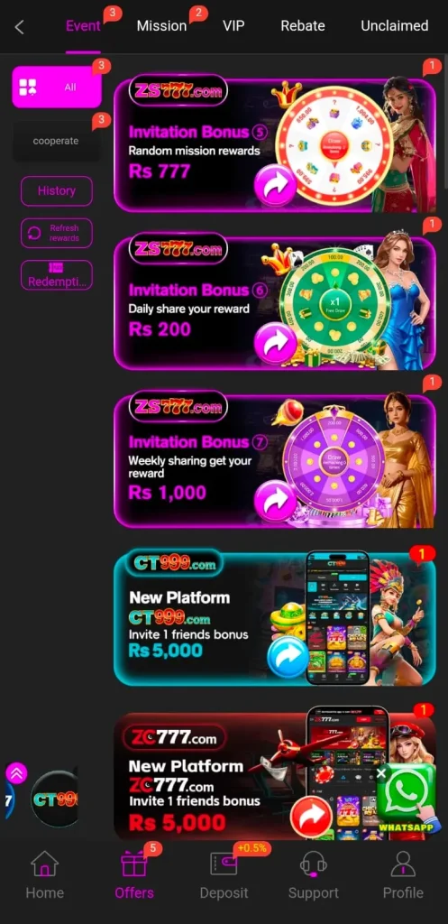 Invitesa friend and get 600 money rewards in ZS777 Game