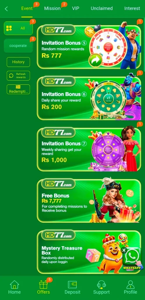 Daily Bonuses on HD77 Game.